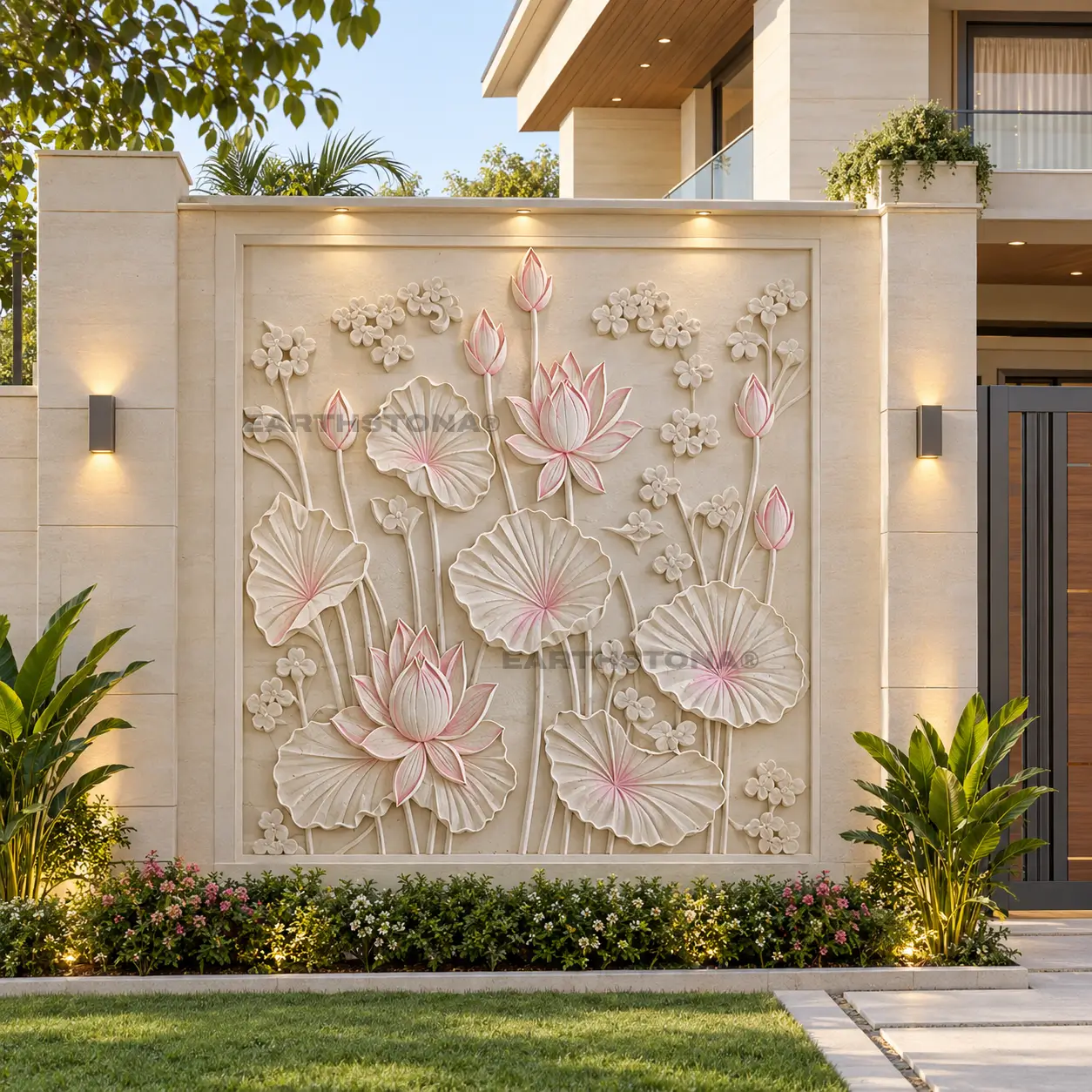 Classic Blooming Lotus High Relief Natural Stone Wall Carving 50mm Panel by EarthStona